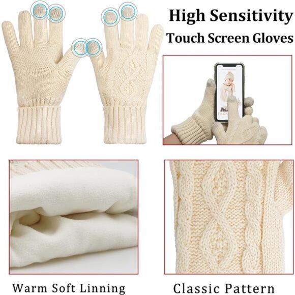 Women\'s Winter Hat Gloves Scarf Set Beanie with Pom Touchscreen Gloves